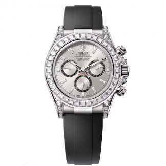 【Super Clone】Rolex Cosmograph Daytona 40mm White Gold Diamond Baguette Silver Dial Diamond Bezel Oysterflex - 126539TBR
