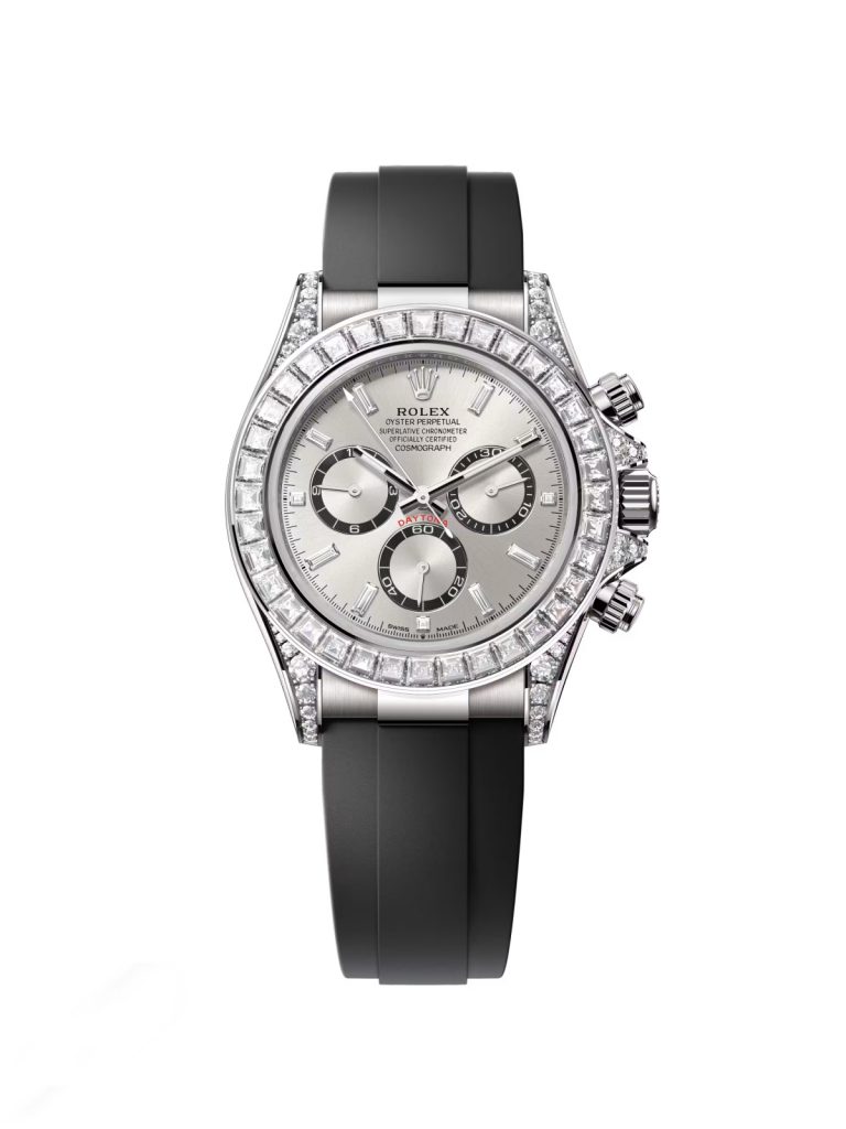 【Super Clone】Rolex Cosmograph Daytona 40mm White Gold Diamond Baguette Silver Dial Diamond Bezel Oysterflex - 126539TBR