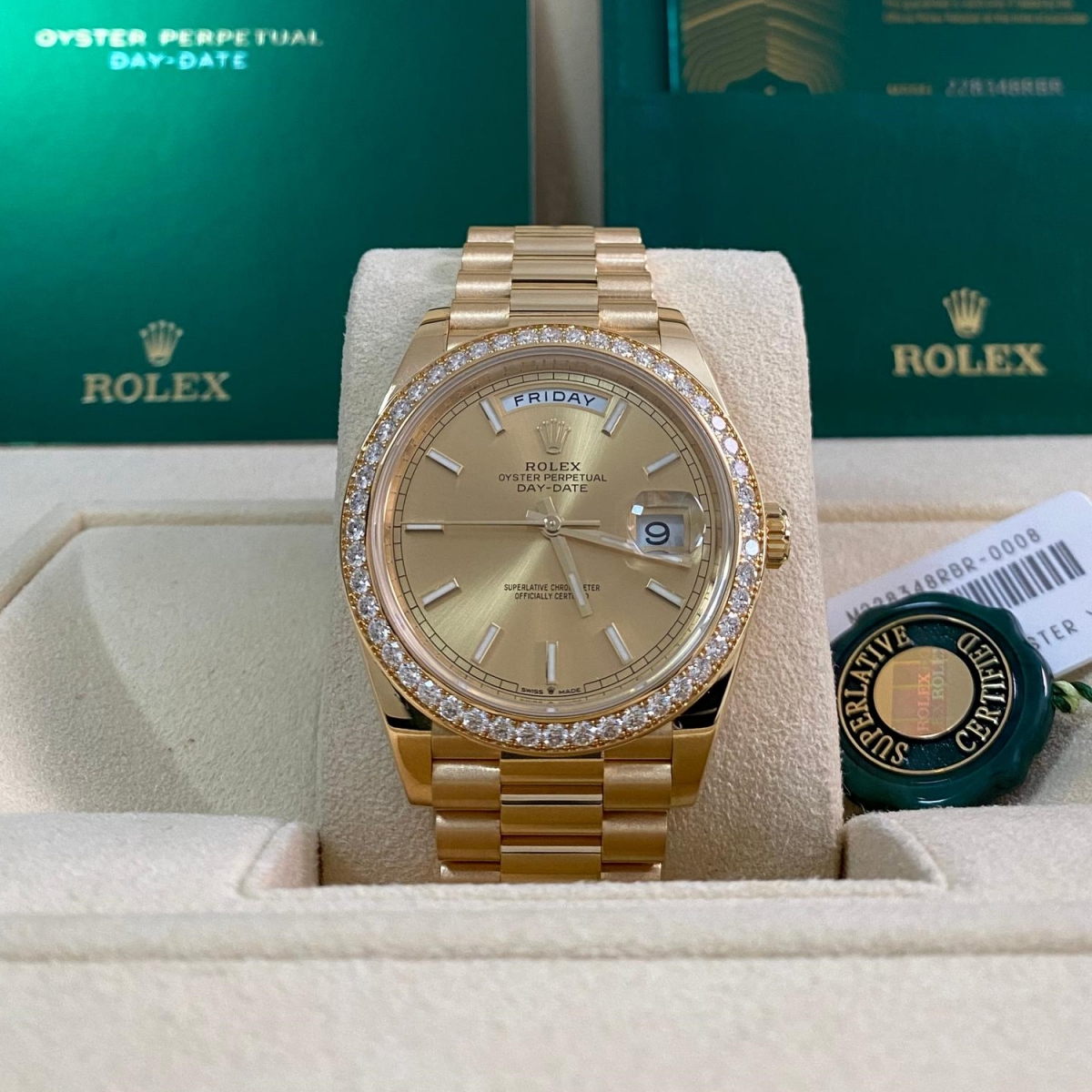 【Super Clone】RLX Day-Date 40mm Champaign Dial and Diamond Bezel Yellow Gold President Bracelet 228348RBR-0008