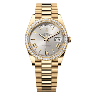【Super Clone】RLX Day-Date 40mm Silver Roman Dial and Diamond Bezel Yellow Gold President Bracelet 228348RBR-0007