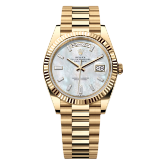 【Super Clone】RLX Day-Date 40mm Yellow Gold President  Mother of Pearl Diamond Baguette Dial - 228238