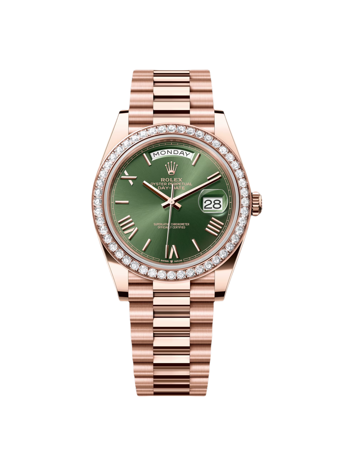 【Super Clone】RLX   President 40mm Everose Gold Olive Green Roman Dial Diamond Bezel - 228345RBR