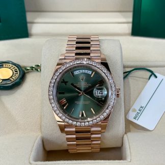 【Super Clone】RLX   President 40mm Everose Gold Olive Green Roman Dial Diamond Bezel - 228345RBR