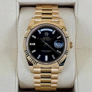 【Super Clone】RLX  Yellow Gold President Day Date 40mm Black Diamond Baguette Dial - 228238