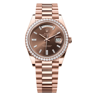 【Super Clone】RLX  Day-Date 40mm Chocolate Baguette Diamond Dial Diamond Bezel Dial Watch 228345RBR