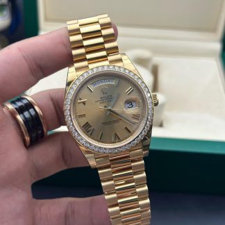 【Super Clone】RLX Day-Date 40mm Champagne Dial and Diamond Bezel Yellow Gold President Bracelet  228348RBR-0003