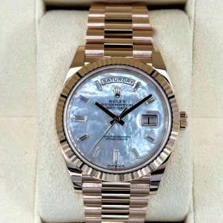 【Super Clone】RLX Day-Date President 40mm Everose Gold Mother of Pearl Diamond Baguette Dial - 228235