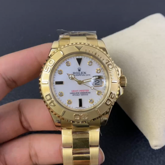 【Super Clone】Rolex Yacht Master 168628 White Mother of Pearl Diamond Dial Yellow Gold Case 35mm Women's Watch