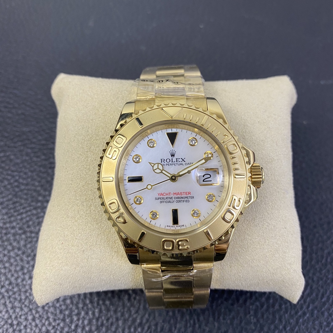【Super Clone】Rolex Yacht Master 168628 White Mother of Pearl Diamond Dial Yellow Gold Case 35mm Women's Watch