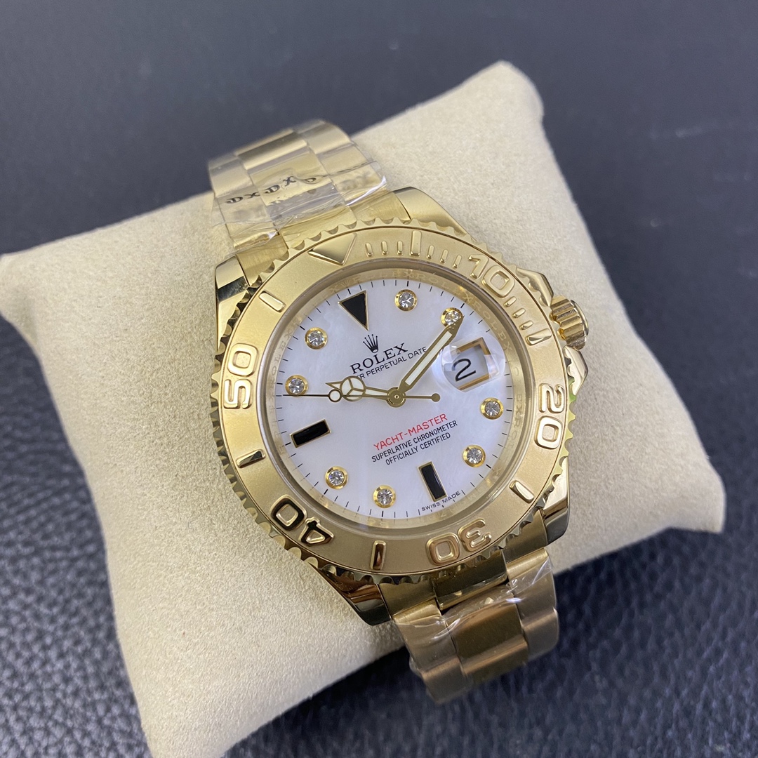 【Super Clone】Rolex Yacht Master 168628 White Mother of Pearl Diamond Dial Yellow Gold Case 35mm Women's Watch