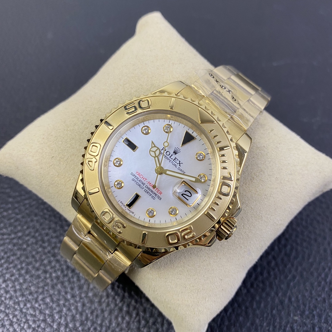 【Super Clone】Rolex Yacht Master 168628 White Mother of Pearl Diamond Dial Yellow Gold Case 35mm Women's Watch