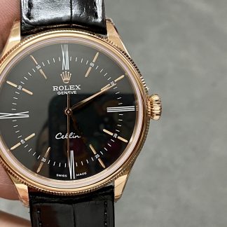 【Super Clone】Rolex Cellini Time 50505 Black Leather Strap Black Dial 39mm Mens Replica Watch