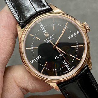 【Super Clone】Rolex Cellini Time 50505 Black Leather Strap Black Dial 39mm Mens Replica Watch