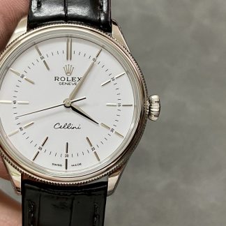 【Super Clone】Rolex Cellini Time 50509 Black Leather Strap White Dial 39mm Mens Replica Watch