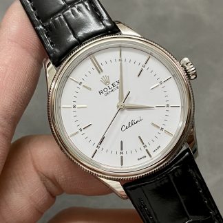 【Super Clone】Rolex Cellini Time 50509 Black Leather Strap White Dial 39mm Mens Replica Watch