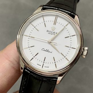 【Super Clone】Rolex Cellini Time 50509 Black Leather Strap White Dial 39mm Mens Replica Watch