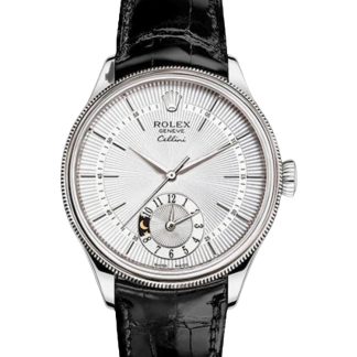 【Super Clone】Rolex Cellini Dual Time 50529 Silver Sunburst Dial Brown Leather Strap 39mm Mens Replica Watch