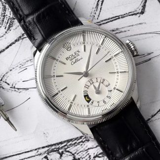 【Super Clone】Rolex Cellini Dual Time 50529 Silver Sunburst Dial Brown Leather Strap 39mm Mens Replica Watch