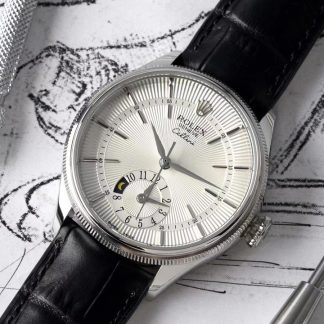 【Super Clone】Rolex Cellini Dual Time 50529 Silver Sunburst Dial Brown Leather Strap 39mm Mens Replica Watch