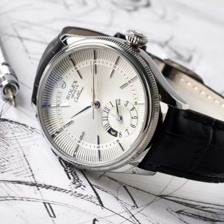 【Super Clone】Rolex Cellini Dual Time 50529 Silver Sunburst Dial Brown Leather Strap 39mm Mens Replica Watch