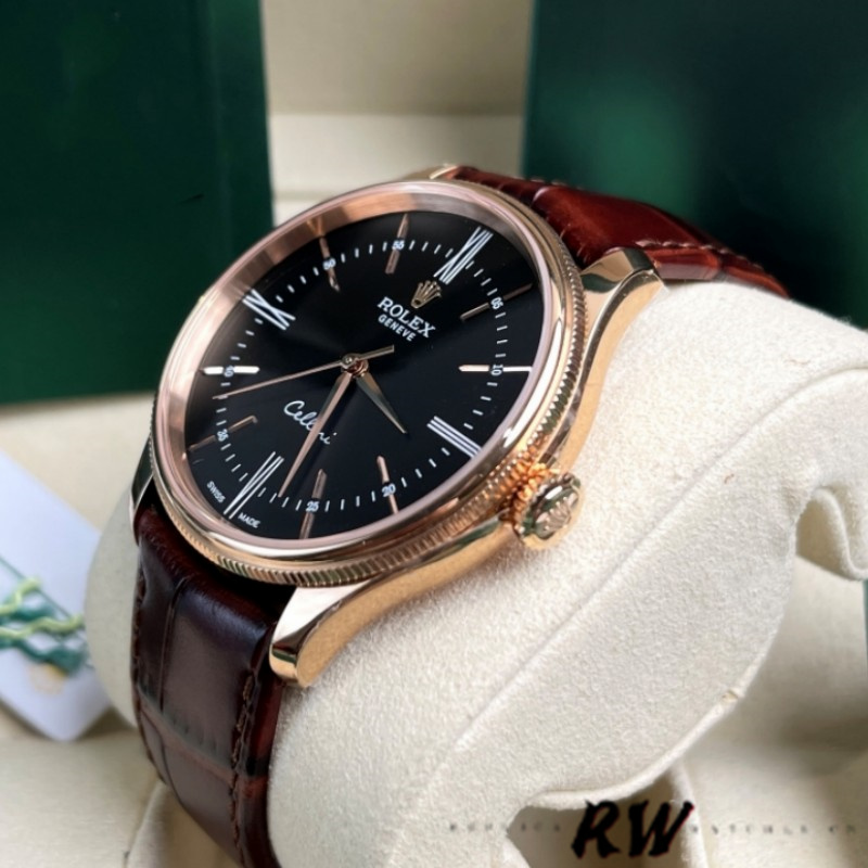 【Super Clone】Rolex Cellini Time 50505 Brown Leather Strap Black Dial 39mm Mens Replica Watch