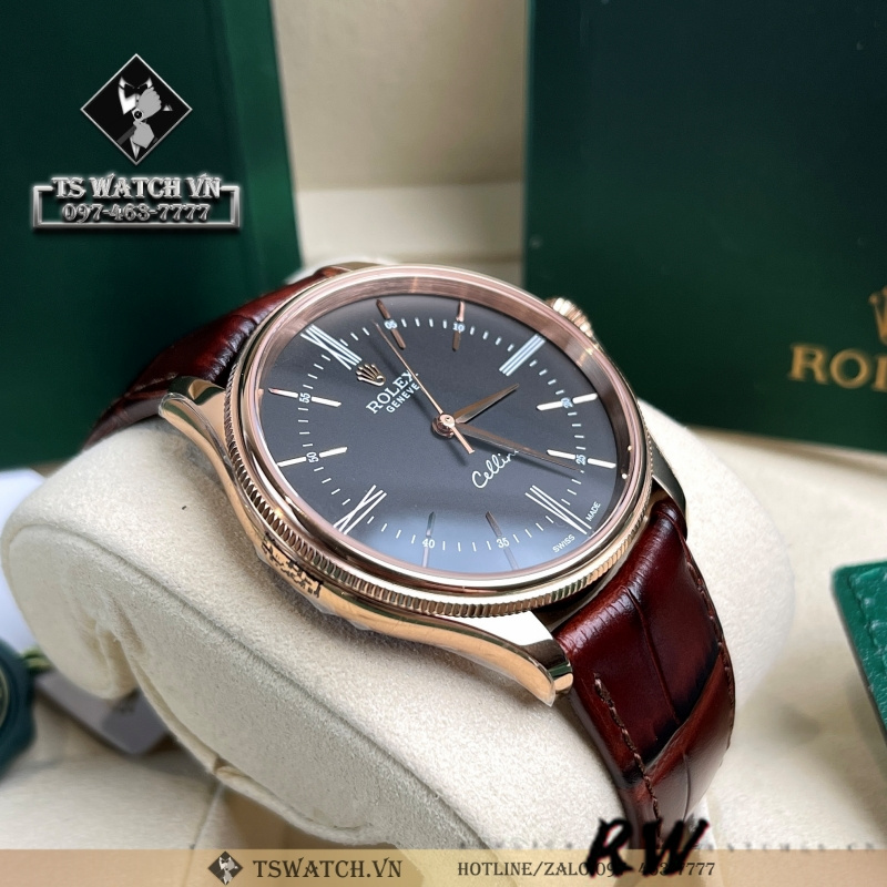 【Super Clone】Rolex Cellini Time 50505 Brown Leather Strap Black Dial 39mm Mens Replica Watch