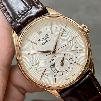 【Super Clone】Rolex Cellini Dual Time 50525 Silver Dial Brown Leather Strap 39mm Mens Replica Watch