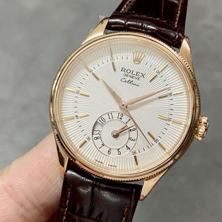 【Super Clone】Rolex Cellini Dual Time 50525 Silver Dial Brown Leather Strap 39mm Mens Replica Watch