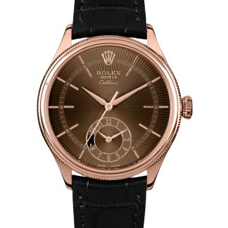 【Super Clone】Rolex Cellini Dual Time 50525 Brown Guilloche Dial Black Leather Strap 39mm Mens Replica Watch