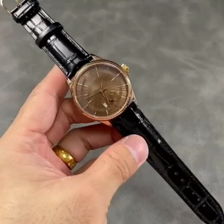 【Super Clone】Rolex Cellini Dual Time 50525 Brown Guilloche Dial Black Leather Strap 39mm Mens Replica Watch