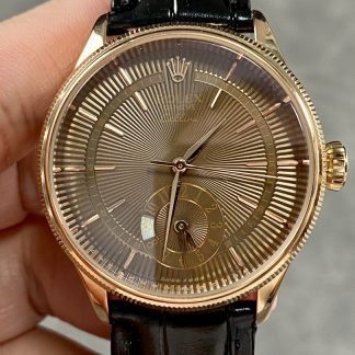 【Super Clone】Rolex Cellini Dual Time 50525 Brown Guilloche Dial Black Leather Strap 39mm Mens Replica Watch