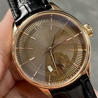 【Super Clone】Rolex Cellini Dual Time 50525 Brown Guilloche Dial Black Leather Strap 39mm Mens Replica Watch
