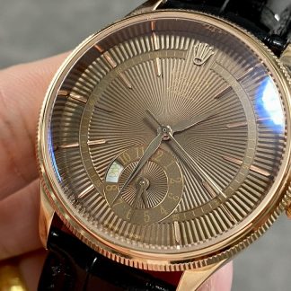 【Super Clone】Rolex Cellini Dual Time 50525 Brown Guilloche Dial Black Leather Strap 39mm Mens Replica Watch