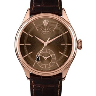 【Super Clone】Rolex Cellini Dual Time 50525 Brown Guilloche Dial Brown Leather Strap 39mm Mens Replica Watch