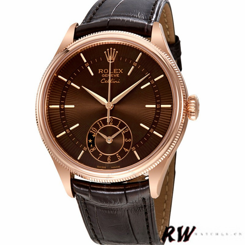 【Super Clone】Rolex Cellini Dual Time 50525 Brown Guilloche Dial Brown Leather Strap 39mm Mens Replica Watch