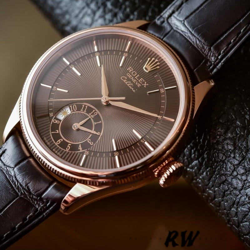 【Super Clone】Rolex Cellini Dual Time 50525 Brown Guilloche Dial Brown Leather Strap 39mm Mens Replica Watch