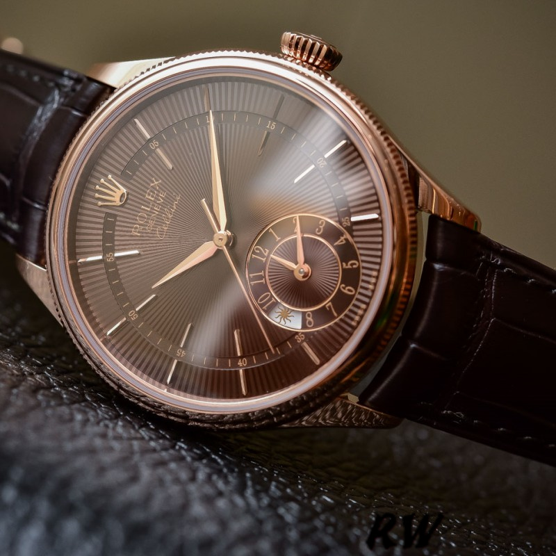 【Super Clone】Rolex Cellini Dual Time 50525 Brown Guilloche Dial Brown Leather Strap 39mm Mens Replica Watch