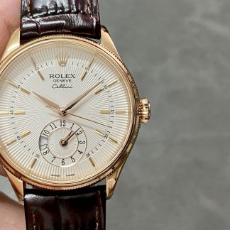 【Super Clone】Rolex Cellini Dual Time 50525 Silver Dial Black Leather Strap 39mm Mens Replica Watch