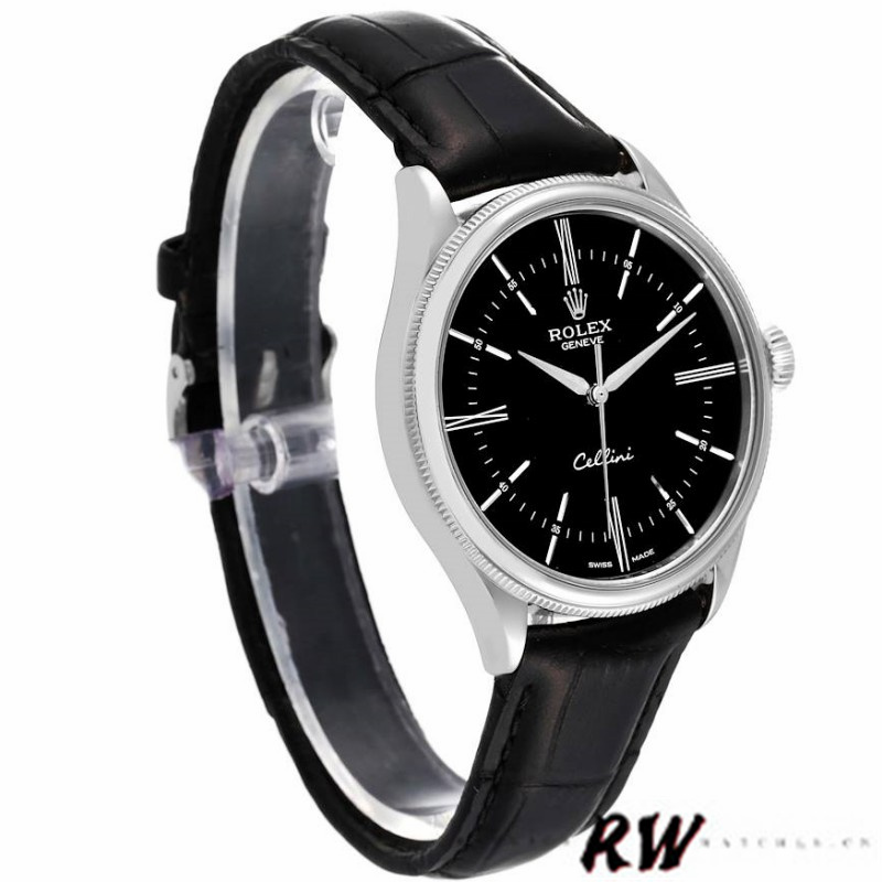 【Super Clone】Rolex Cellini Time 50509 Black Leather Strap Black Dial 39mm Mens Replica Watch