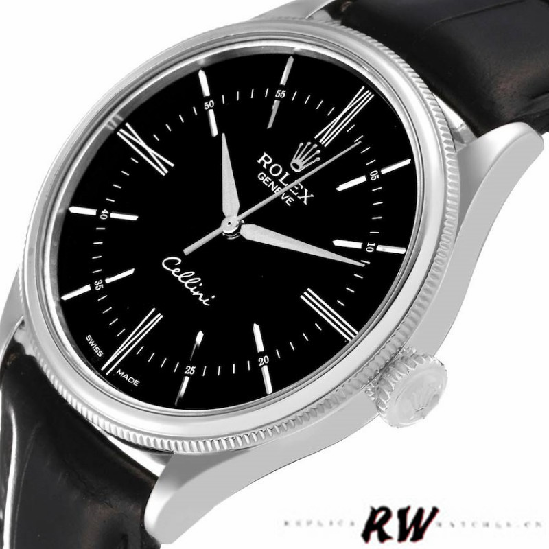 【Super Clone】Rolex Cellini Time 50509 Black Leather Strap Black Dial 39mm Mens Replica Watch