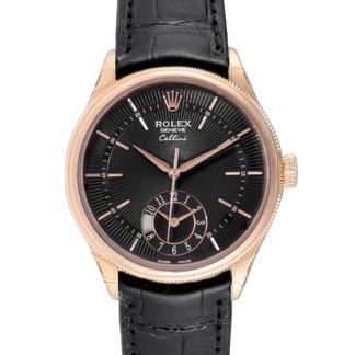 【Super Clone】Rolex Cellini Dual Time 50525 Black Dial Black Leather Strap 39mm Mens Replica Watch