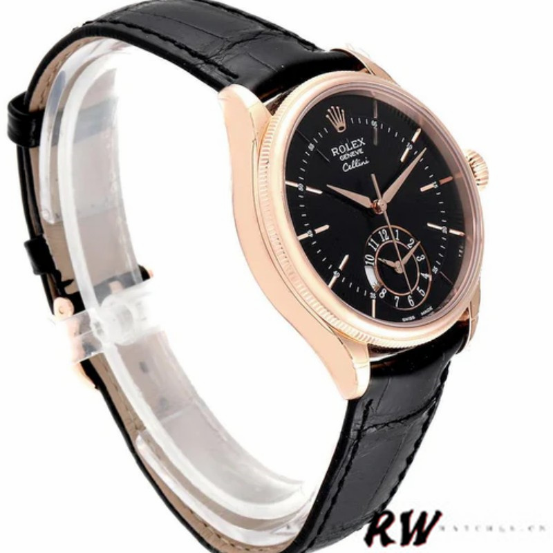 【Super Clone】Rolex Cellini Dual Time 50525 Black Dial Black Leather Strap 39mm Mens Replica Watch