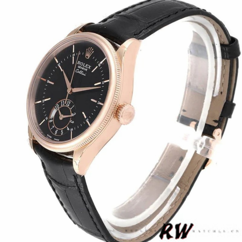 【Super Clone】Rolex Cellini Dual Time 50525 Black Dial Black Leather Strap 39mm Mens Replica Watch