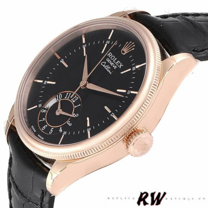 【Super Clone】Rolex Cellini Dual Time 50525 Black Dial Black Leather Strap 39mm Mens Replica Watch
