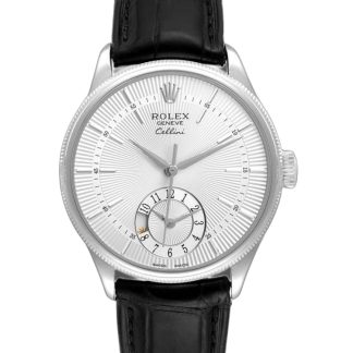 【Super Clone】Rolex Cellini Dual Time 50529 Silver Sunburst Dial Black Leather Strap 39mm Mens Replica Watch