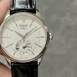 【Super Clone】Rolex Cellini Dual Time 50529 Silver Sunburst Dial Black Leather Strap 39mm Mens Replica Watch