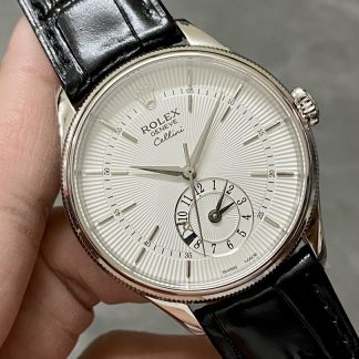 【Super Clone】Rolex Cellini Dual Time 50529 Silver Sunburst Dial Black Leather Strap 39mm Mens Replica Watch