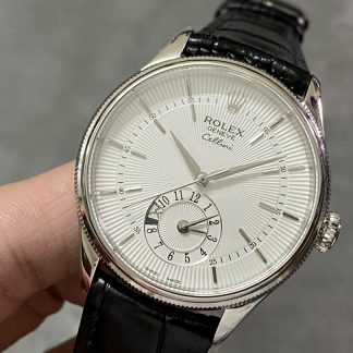 【Super Clone】Rolex Cellini Dual Time 50529 Silver Sunburst Dial Black Leather Strap 39mm Mens Replica Watch
