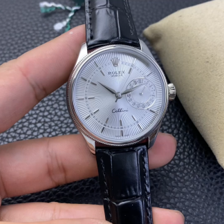 【Super Clone】Rolex Cellini Date 50519 Black Leather Silver Dial 39mm Mens Replica Watch