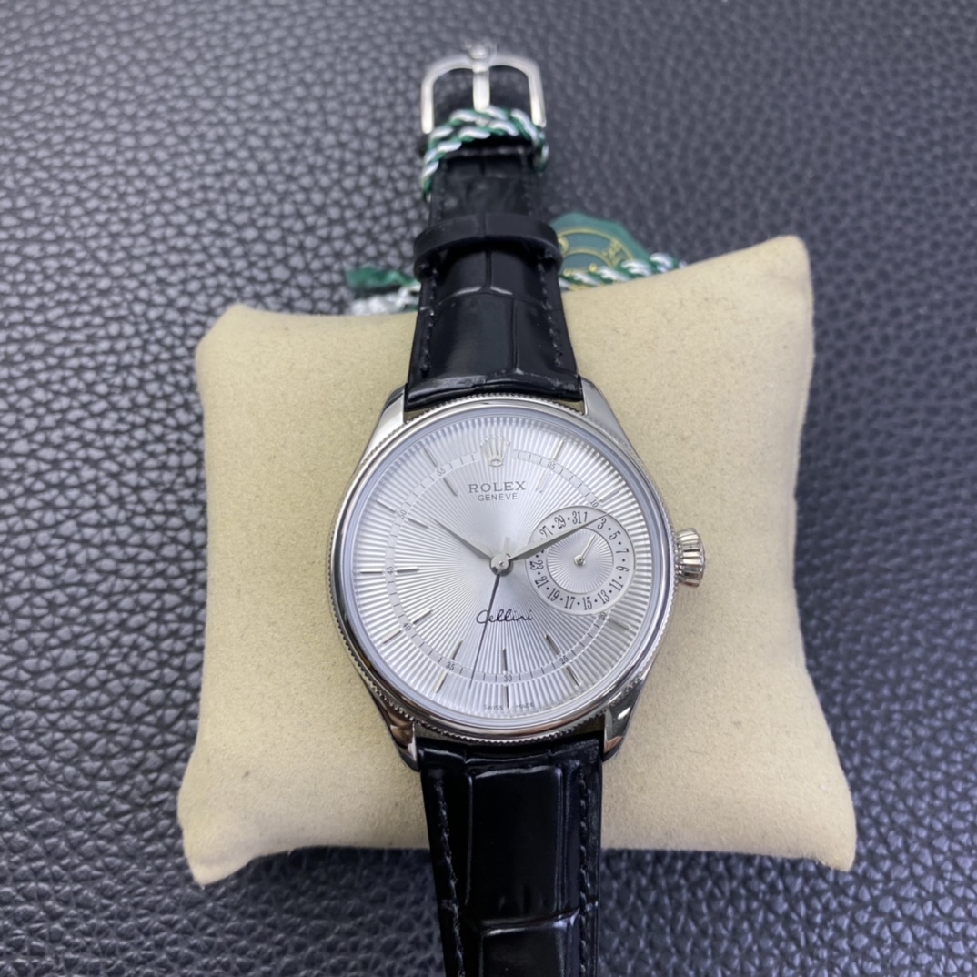 【Super Clone】Rolex Cellini Date 50519 Black Leather Silver Dial 39mm Mens Replica Watch
